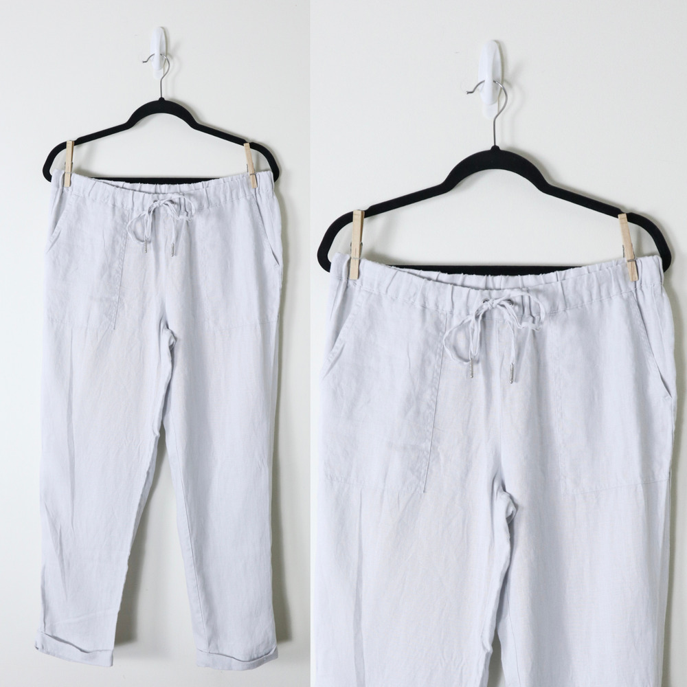 Pure Navy Brand Size M Woven Linen Pants Pull On Slim Leg Drawstring Light Gray